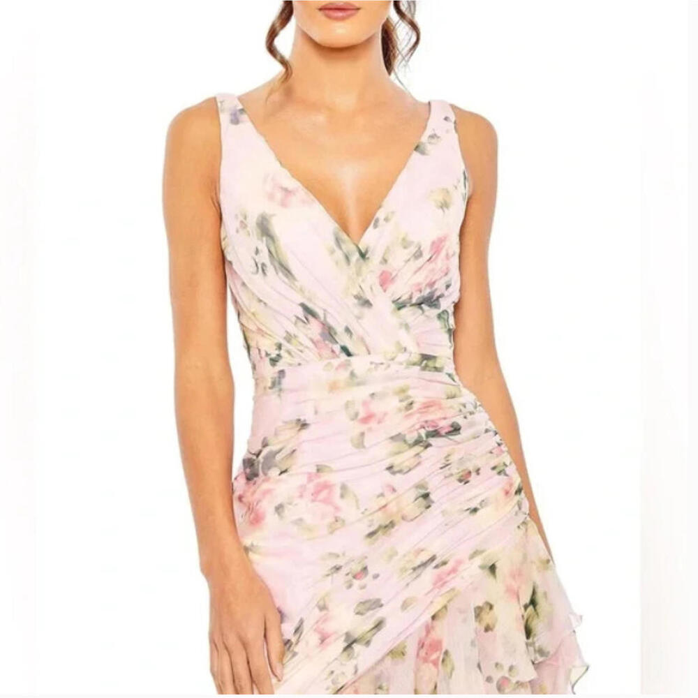 NWT Mac Duggal Pink Floral Asymmetrical Ruffle Hem Dress Size 8 - Picture 2 of 7